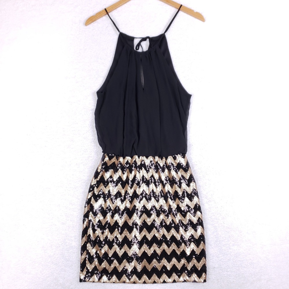 B. Darlin Black Gold Sequin Chevron Halter Mini Dress Size 5/6 Glam Disco